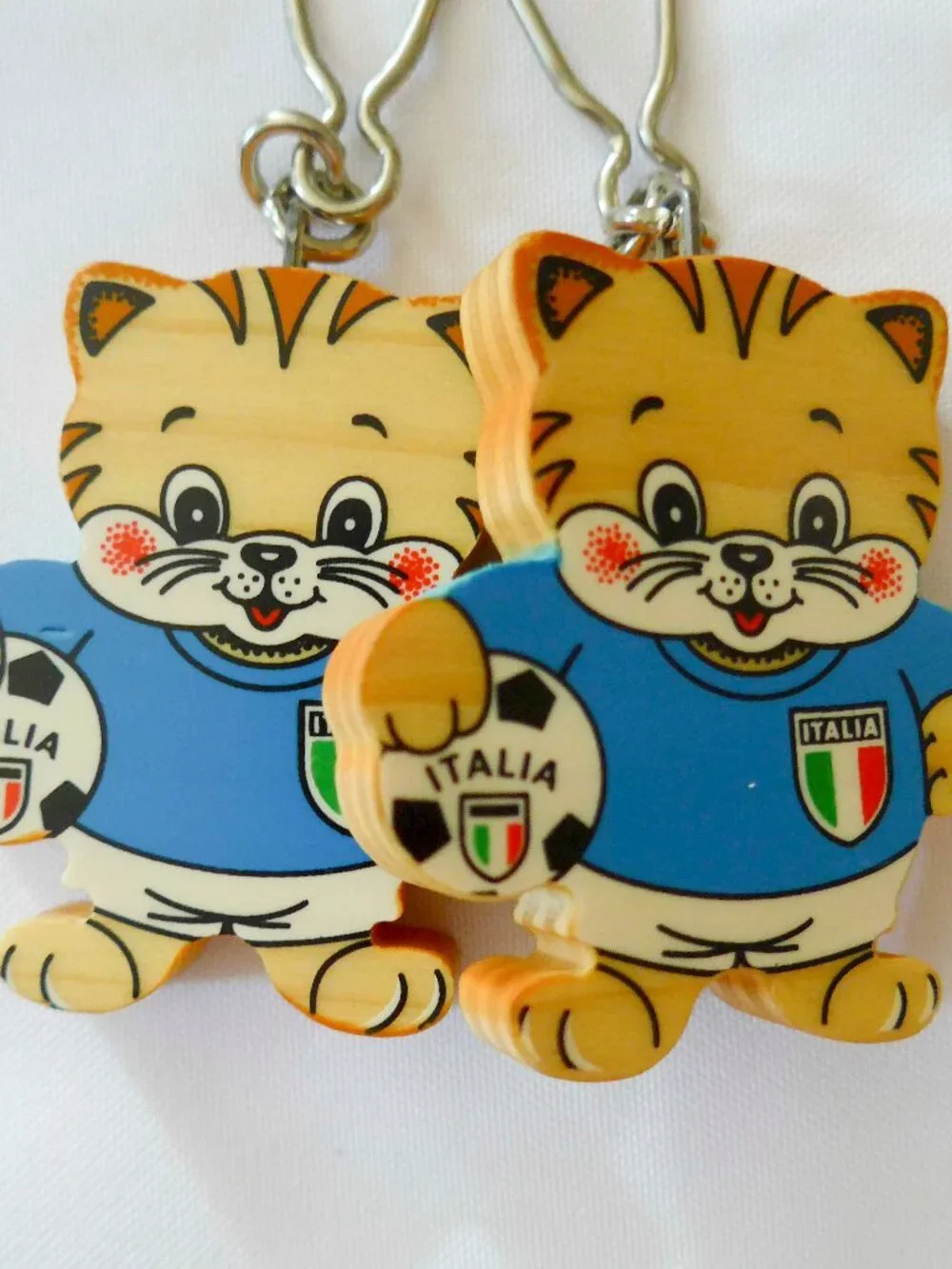 Set of Two Bartolucci Italy Wood Cat Gli Azzurri EUFA Keychain